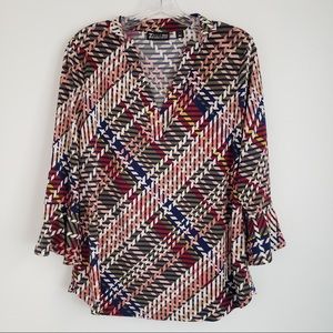 New York and Company Multi Color Pattern V-Neck Long Sleeve Blouse Large